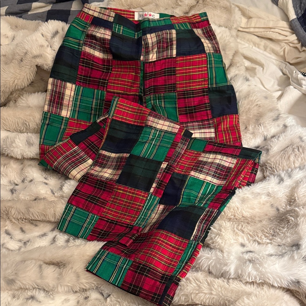 Isaac Mizrahi 100% Silk pants- Tartan Red, Green and Blue.